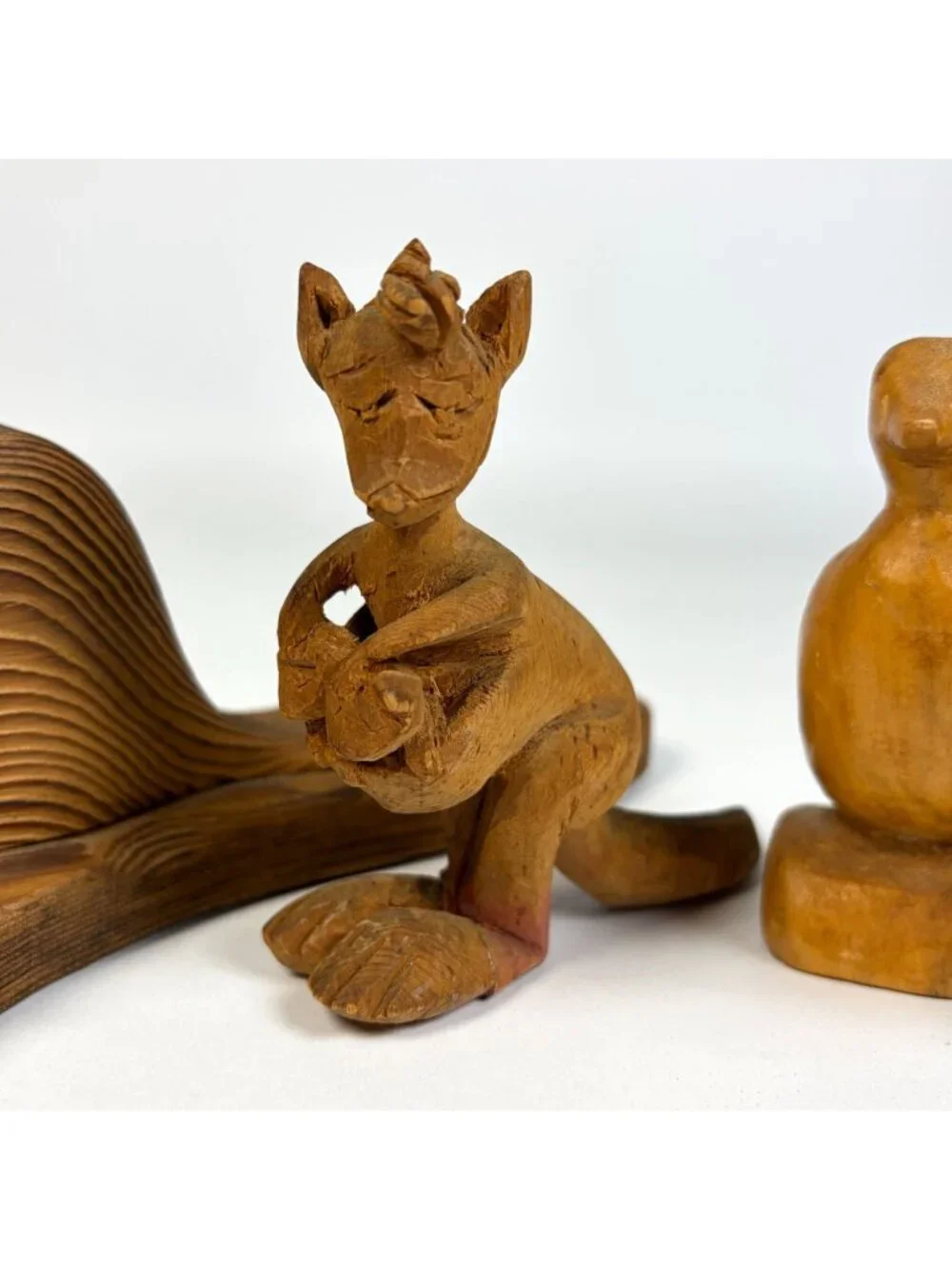 Lot of 4 Hand Carved Wooden Animal Figurines Beaver Horse Kangaroo Bird Rustic